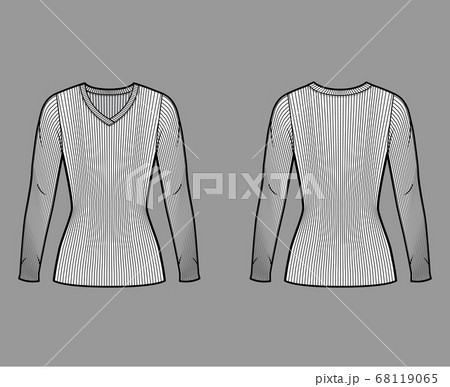 Ribbed V-neck knit sweater technical fashion illustration with long sleeves, close-fitting shape, tunic length.  68119065