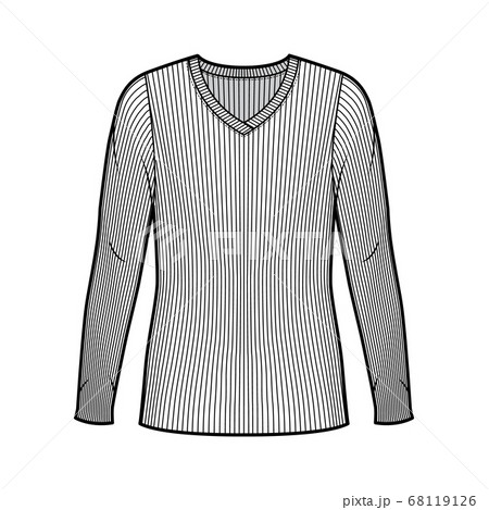 Ribbed V-neck knit sweater technical fashion illustration with long sleeves, oversized body, tunic length. Ribbed V-neck knit sweater technical fashion illustration with long sleeves, oversized body, tunic length. 68119126