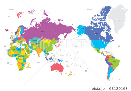 Colorful political map of the world with large cities, high detail vector illustration 68120163