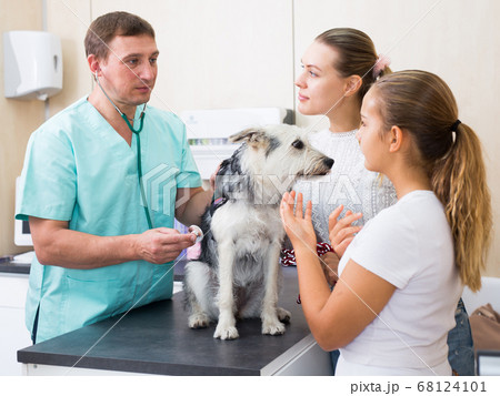 Worried family with dog at veterinarian clinic Worried family with dog at veterinarian clinic 68124101