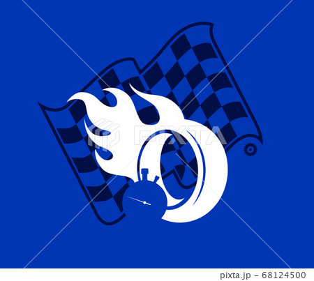Silhouette burning wheel and checkered flag, racing background 68124500