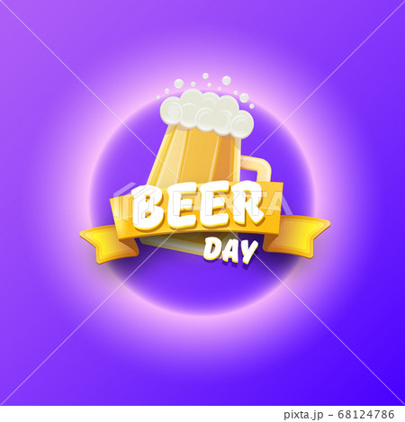 international beer day banner or poster with beer glass add vintage ribbon with greeting text isolated on violet background . Happy beer day label or greeting card 68124786