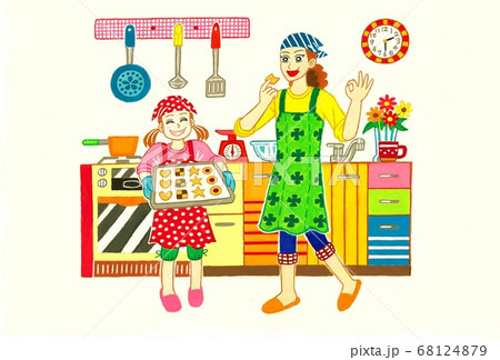 キッチンでクッキーを焼く母と娘 68124879