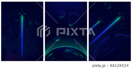 Spaceship flying in deep space with meteorites in the background, Fantastic view of the Earth from space, Neon glowing vector illustration 68126524