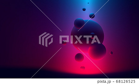 Soaring spheres on the background of ultraviolet light, Red-blue reflex on geometric shapes, Cyberpunk vector  68126525