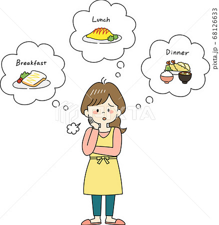 三食の献立を考える事にため息をつくエプロン姿の主婦のイラスト素材