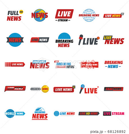 News live breaking label icons set, flat style 68126892