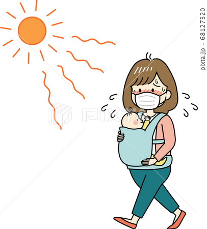 炎天下マスクをして外出するお母さんと赤ちゃん 熱中症の危険 のイラスト素材