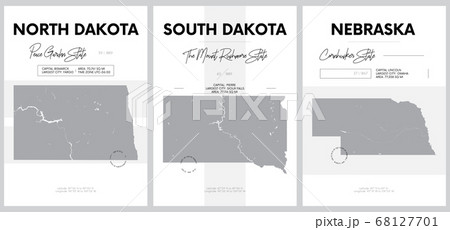 Vector posters with highly detailed silhouettes of maps of the states of America, Division West North Central - North Dakota, South Dakota, Nebraska - set 7 of 17 68127701
