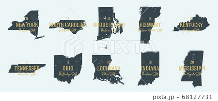 Set 2 of 5 Highly detailed vector silhouettes of USA state maps with names and territory nicknames Set 2 of 5 Highly detailed vector silhouettes of USA state maps with names and territory nicknames 68127731