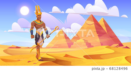 Ancient Egyptian god Amun in desert with pyramids Ancient Egyptian god Amun in desert with pyramids 68128496