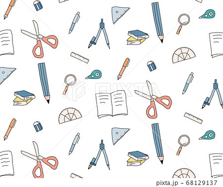 手書きの文房具の背景パターン 筆記用具 鉛筆 はさみ 定規 勉強のイラスト素材