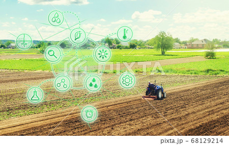 Futuristic innovative technology pictogram and a farmer on a tractor. Science of agronomy. Farming and agriculture startups. Improving efficiency. Technology Improvement in quality and yield growth. 68129214