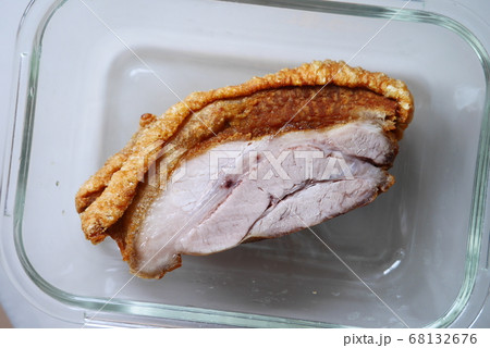 A slice of crispy pork shows its layer for Asian traditional food roasted and deep fried menu 68132676