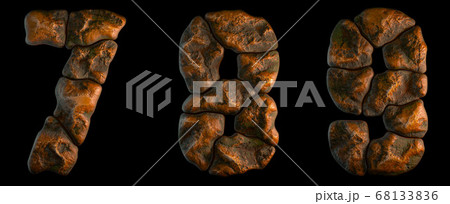 Set of rocky numbers 7, 8, 9. Font of stone on black background. 3d Set of rocky numbers 7, 8, 9. Font of stone on black background. 3d 68133836