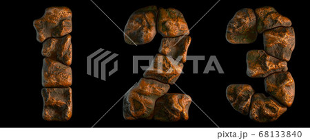 Set of rocky numbers 1, 2, 3. Font of stone on black background. 3d Set of rocky numbers 1, 2, 3. Font of stone on black background. 3d 68133840