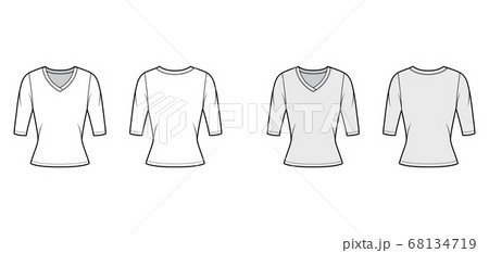 V-neck jersey sweater technical fashion illustration with elbow sleeves, close-fitting shape. V-neck jersey sweater technical fashion illustration with elbow sleeves, close-fitting shape. 68134719