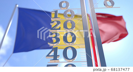 Minus 20 degrees centigrade on a thermometer measuring air temperature near flag of Romania. Cold weather forecast related 3D rendering 68137477