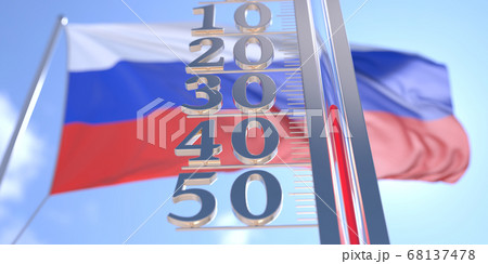 Minus 30 degrees centigrade on a thermometer measuring near flag of Russia. Very cold weather forecast related 3D rendering 68137478