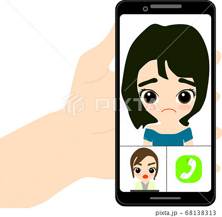 スマホを手に困る女の子と怒る女の子のイラスト素材