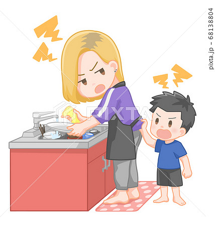 台所 お母さん 子供 イラストのイラスト素材