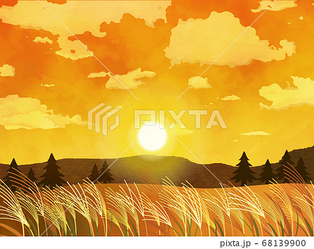 綺麗な夕日とススキの風景イラストのイラスト素材