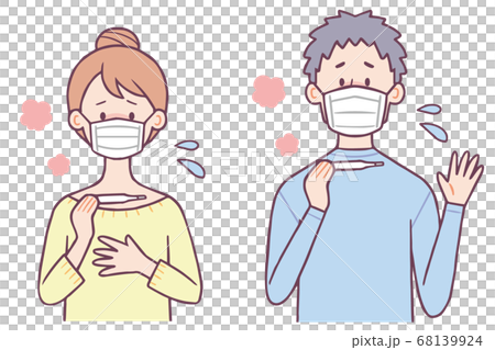 マスクをして体温計で体温を測る女性と男性 68139924