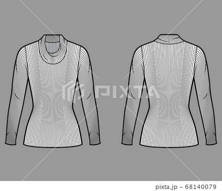 Ribbed cowl turtleneck knit sweater technical fashion illustration with long sleeves, close-fitting shape, tunic length 68140079