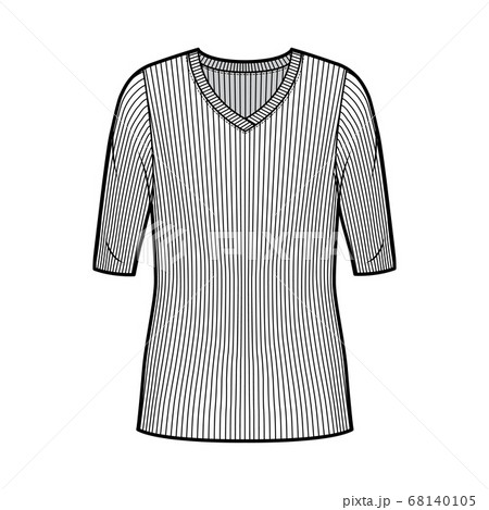 Ribbed V-neck knit sweater technical fashion illustration with elbow sleeves, oversized body, tunic length.  68140105