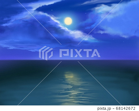 夜空に輝く星漂う雲と月と海に反射する月光のイラスト素材