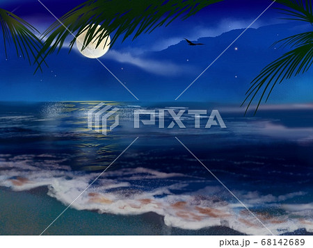 夜空に輝く星漂う雲と月と海に反射する月光 夜空に輝く星漂う雲と月と海に反射する月光 68142689