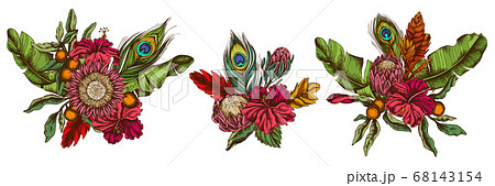 Flower bouquet of colored banana palm leaves, hibiscus, solanum, bromeliad, peacock feathers, protea Flower bouquet of colored banana palm leaves, hibiscus, solanum, bromeliad, peacock feathers, protea 68143154