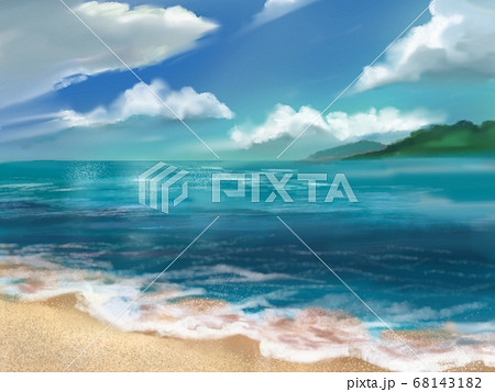 リゾート海岸と夏の青空と雲のイラスト素材
