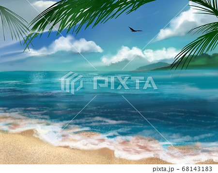 リゾート海岸と夏の青空と雲のイラスト素材