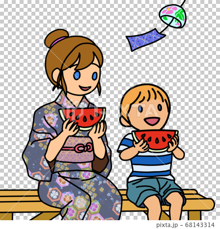 夕涼みしながらスイカを食べる母子のイラスト素材