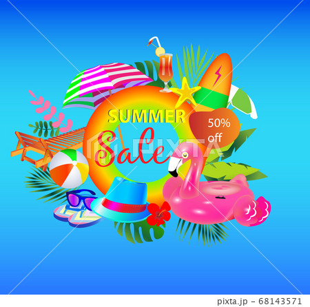 Summer sale vector banner design with colorful beach elements. Vector illustration. Summer sale vector banner design with colorful beach elements. Vector illustration. 68143571