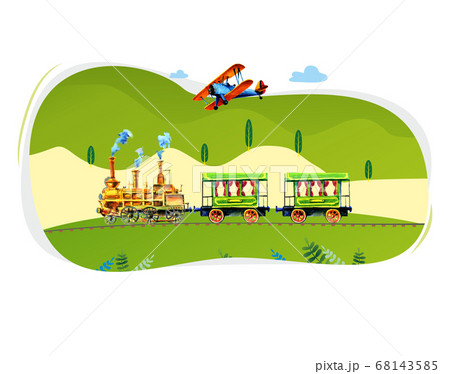 retro steam train with cars and airplane. Watercolor drawing 68143585