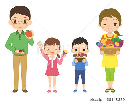 おいしそうな秋の味覚の野菜や果物を持っている家族 イラストのイラスト素材