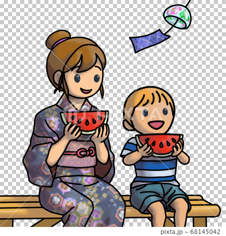 A real version of a mother and baby eating watermelon while having a cool evening 68145042