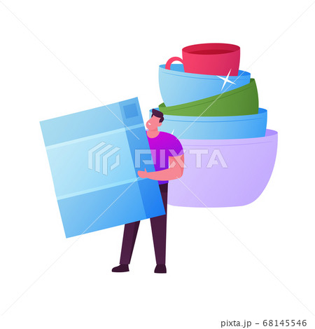 Tiny Male Character Hold Sponge for Washing Dishes Stand at Huge Pile of Clean Sparkling Crockery Kitchenware, Household 68145546