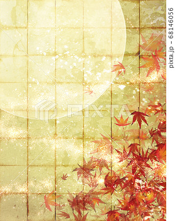 紅葉と満月の金箔背景 キラキラの和の秋の背景 縦のイラスト素材