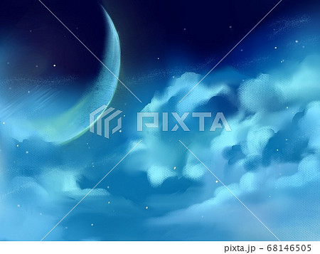 幻想的な星空と雲の中の三日月のイラスト素材