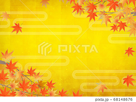 紅葉 もみじ和風フレーム 金屏風 金箔背景ベクターイラスト 横位置のイラスト素材