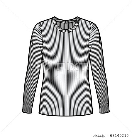 Ribbed crew neck knit sweater technical fashion illustration with long sleeves, oversized body, tunic length.  68149216