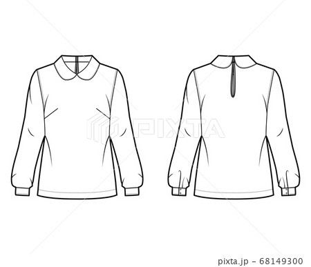 Round collar blouse technical fashion illustration with loose silhouette, long sleeve, back button-fastening keyhole. Round collar blouse technical fashion illustration with loose silhouette, long sleeve, back button-fastening keyhole. 68149300