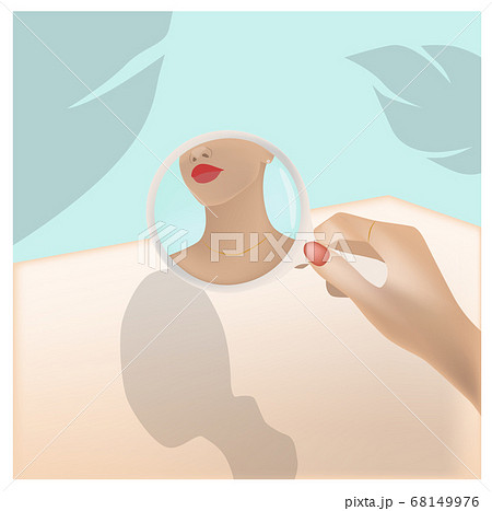 Young woman looking at herself in a round mirror. 68149976