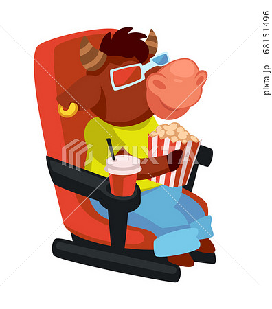 Bull eating popcorn watching movies in cinema vector 68151496