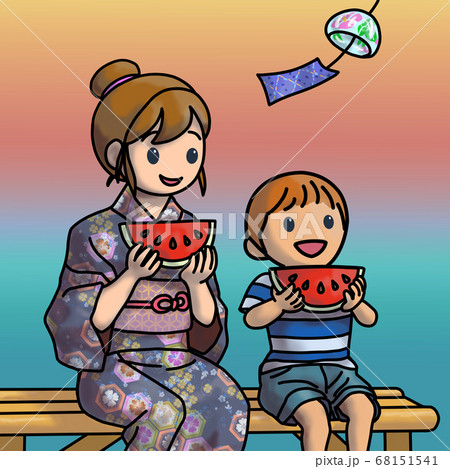 夕涼みしながらスイカを食べる母子の背景ありバージョンですのイラスト素材