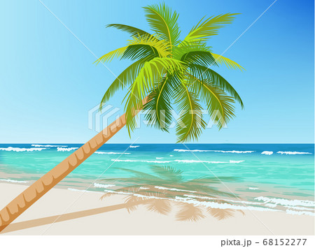 Green palm tree growing above blue sea. Waves on Green palm tree growing above blue sea. Waves on 68152277