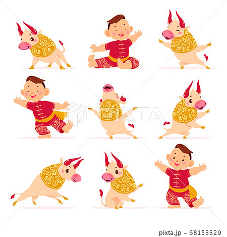 Chinese New year mascot, funny boy in hanfu and cute bull animal 68153329